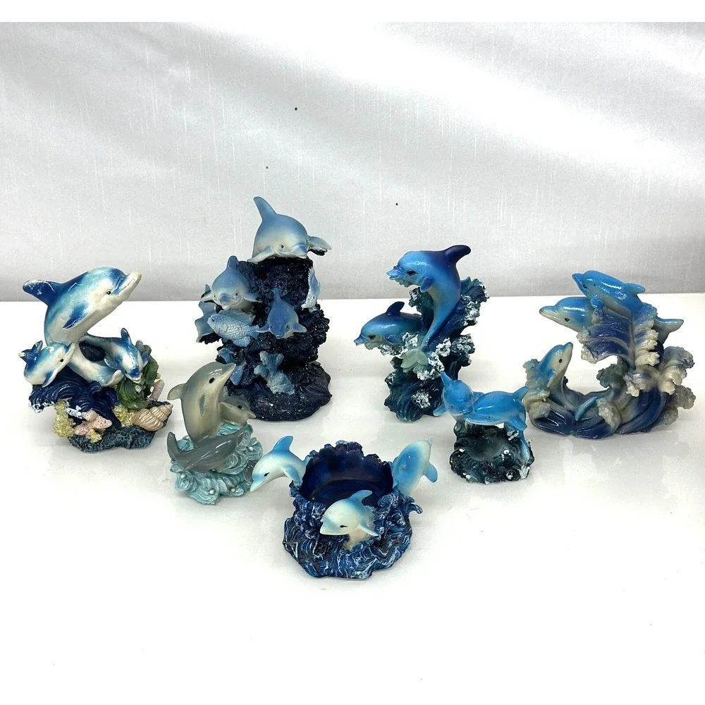 Marine Sea Ocean Set of 7 Blue Dolphins Swimming Over Giant Reef Waves Figurine